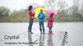  Presentation with rain dance children - Presentation design with color umbrella - mother and two children standing background and a light gray colored foreground