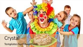 Presentation with children birthday - PPT layouts consisting of colored backgrouds - clown holding cake on birthday background and a yellow colored foreground