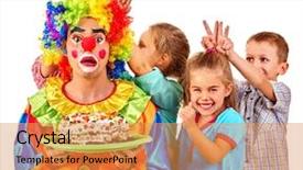  Presentation with birthday cake - Audience pleasing presentation consisting of colored backgrouds - clown holding cake on birthday backdrop and a gold colored foreground