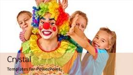  Presentation with children birthday - Cool new PPT theme with colored backgrouds - clown holding cake on birthday backdrop and a yellow colored foreground