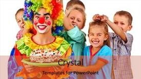  Presentation with birthday cake - Colorful PPT layouts enhanced with colored backgrouds - clown keep cake on birthday backdrop and a red colored foreground