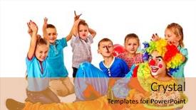  Presentation with children birthday - Presentation design having colored backgrouds - clown keeps cake on birthday background and a gold colored foreground