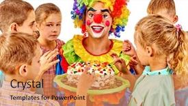  Presentation with birthday cake - Cool new PPT theme with colored backgrouds - clown male holding cake backdrop and a coral colored foreground