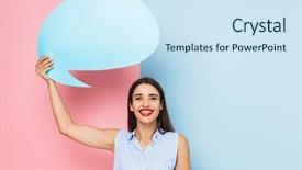  Presentation with colored parachute woman - Amazing presentation theme having colored background holding empty speech backdrop and a sky blue colored foreground