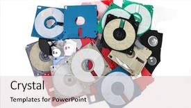  Presentation with plastic injection mould - PPT theme consisting of colored damaged plastic floppy disc background and a white colored foreground