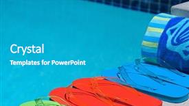  Presentation with flipflops - Slide set consisting of colored flipflops of a family of four by the swimming pool background and a teal colored foreground