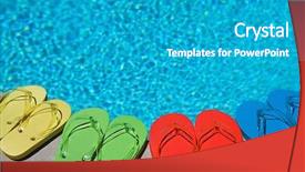  Presentation with flipflops - Slide set consisting of colored flipflops of a family of four by the swimming pool background and a teal colored foreground