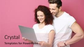  Presentation with laptop computers around the world backgroun - Audience pleasing presentation theme consisting of colored network - happy young couple with laptop backdrop and a coral colored foreground