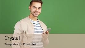  Presentation with mobile network - Audience pleasing PPT theme consisting of colored network - young handsome man with mobile backdrop and a soft green colored foreground