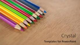  Presentation with colored pencils - Cool new slides with colored pencils arranged in a row on wooden background backdrop and a coral colored foreground