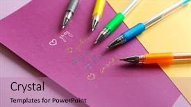  Presentation with colored - Cool new presentation design with colored pens on paper background backdrop and a coral colored foreground