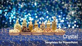  Presentation with eid - Slide set having bright colored ramadan and eid theme backgrounds with copy space with perfume bottles and dates and nuts background and a ocean colored foreground