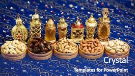  Presentation with eid - Presentation design with bright colored ramadan and eid theme backgrounds with copy space with perfume bottles and dates and nuts background and a ocean colored foreground