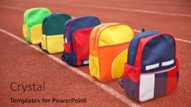  Presentation with back school education - PPT theme enhanced with colored-school-backpack-education background and a red colored foreground