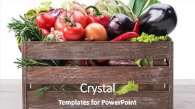  Presentation with fresh fruits vegetables groceries paper - Colorful theme enhanced with colored vegetables in wooden crate backdrop and a violet colored foreground