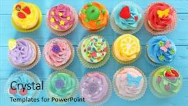  Presentation with cupcakes - Cool new PPT layouts with colorful - beautiful cupcakes on color wooden backdrop and a light blue colored foreground