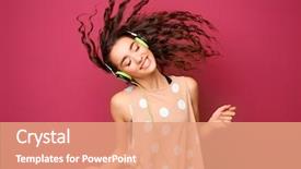  Presentation with listening woman - Slide set enhanced with colorful - beautiful young woman in headphones background and a coral colored foreground