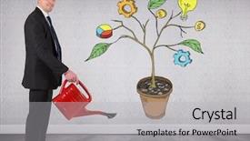  Presentation with sales business plan activities and sales target - Colorful PPT theme enhanced with colorful 3d pie chart - digital composite of man holding backdrop and a light gray colored foreground