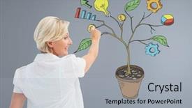  Presentation with digital pen - Presentation theme having colorful 3d pie chart - digital composite of woman holding background and a light gray colored foreground