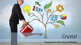  Presentation with sales business plan activities and sales target - Cool new presentation theme with colorful 3d pie chart - digital composite of woman holding backdrop and a light blue colored foreground