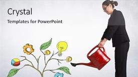  Presentation with composite - Colorful slides enhanced with colorful 3d pie chart - digital composite of woman holding backdrop and a white colored foreground