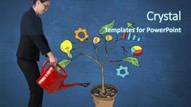  Presentation with restaurant business plan - Cool new slides with colorful 3d pie chart - digital composite of woman holding backdrop and a ocean colored foreground