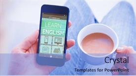  Presentation with mobile phone in woman hand - Amazing slide deck having colorful 3d pie chart - woman using her 3d mobile backdrop and a light blue colored foreground