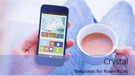  Presentation with coffee cup - PPT layouts consisting of colorful 3d pie chart - woman using her mobile phone background and a light blue colored foreground