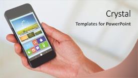  Presentation with vector - Amazing theme having colorful 3d pie chart - womans hand holding black smartphone backdrop and a light gray colored foreground