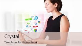  Presentation with modern - Amazing PPT layouts having colorful 3d pie chart - young business woman looking backdrop and a lemonade colored foreground