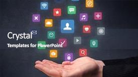  Presentation with web application - Colorful slide set enhanced with colorful applications hovering over young backdrop and a tawny brown colored foreground