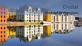  Presentation with architecture - Cool new PPT theme with colorful-architecture-of-alesund-reflected backdrop and a ocean colored foreground