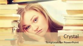  Presentation with tan book stack stacks of books - Theme having colorful back school college - young woman sitting behind books background and a lemonade colored foreground