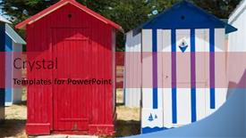  Presentation with saint - Presentation enhanced with colorful beach huts on the beach at saint-denis island d'oleron in france background and a crimson colored foreground