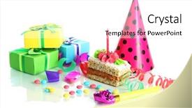  Presentation with happy birthday cake - Beautiful slide set featuring colorful birthday cake with candle backdrop and a white colored foreground