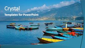  Presentation with boats - Presentation enhanced with colorful boats on fewa lake pokhara nepal background and a teal colored foreground