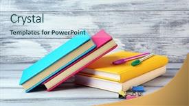  Presentation with club - Audience pleasing presentation consisting of colorful books on wooden background backdrop and a sky blue colored foreground