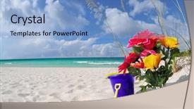  Presentation with seashore - Theme consisting of colorful bouquet of flowers by sand bucket on seashore background and a light blue colored foreground