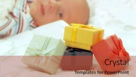  Presentation with baby shower gifts - Presentation theme featuring colorful boxes gifts on background background and a red colored foreground