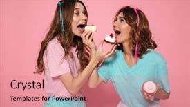  Presentation with bright colorful candy isolated - Beautiful theme featuring celebration colourful - portrait of two cheerful girls backdrop and a coral colored foreground