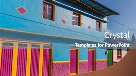  Presentation with buildings - Amazing slide deck having colorful-buildings-of-san-felix backdrop and a teal colored foreground