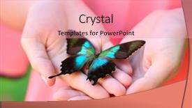  Presentation with colorful hand prints - Colorful presentation design enhanced with colorful butterfly in female hand backdrop and a  colored foreground