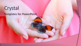  Presentation with colorful hand prints - Colorful presentation design enhanced with colorful butterfly in female hand backdrop and a lemonade colored foreground