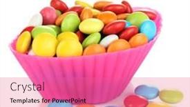  Presentation with case - PPT layouts having smarties - colorful candies in cupcake case background and a coral colored foreground