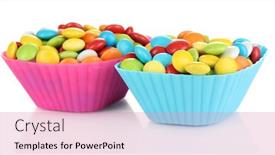  Presentation with cases - Colorful slide deck enhanced with colorful candies in cupcake cases isolated on white backdrop and a coral colored foreground