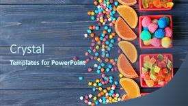  Presentation with jellies colorful candy and jelly - Amazing PPT theme having colorful candies on wooden background backdrop and a ocean colored foreground