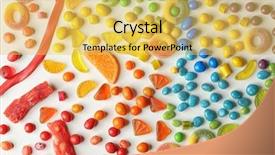  Presentation with light colors steel structure - Slide deck featuring colorful candies scattered on light background and a  colored foreground