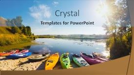  Presentation with outdoor activities - Presentation theme having colorful-canoes-are-moored background and a light blue colored foreground