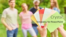  Presentation with team building - Presentation featuring colorful-cards-in-hand background and a soft green colored foreground