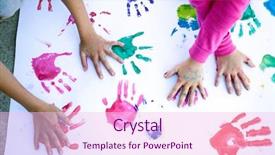  Presentation with hand print - Theme having colorful children hand print background and a pink colored foreground